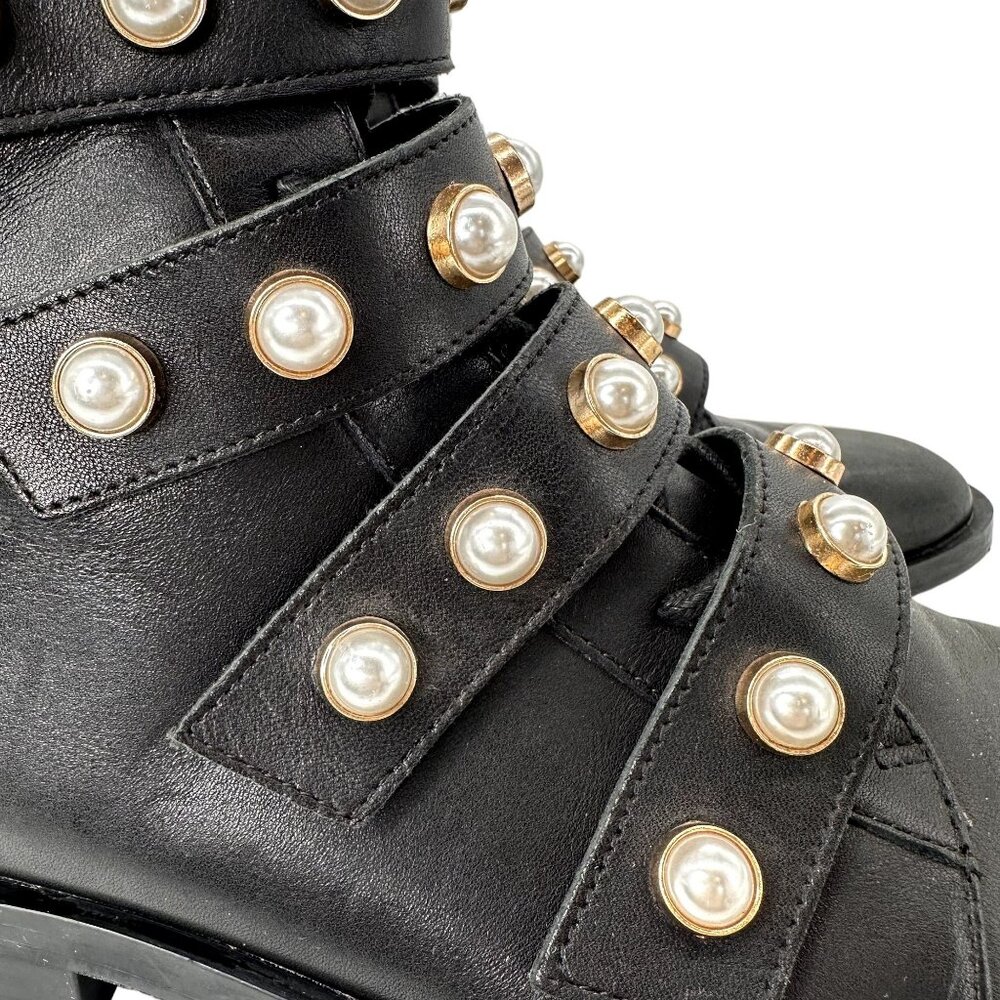 ZARA Leather Combat Biker Boots 39 8 Moto Pearl Strap Black Grunge Mall Goth - Picture 7 of 12